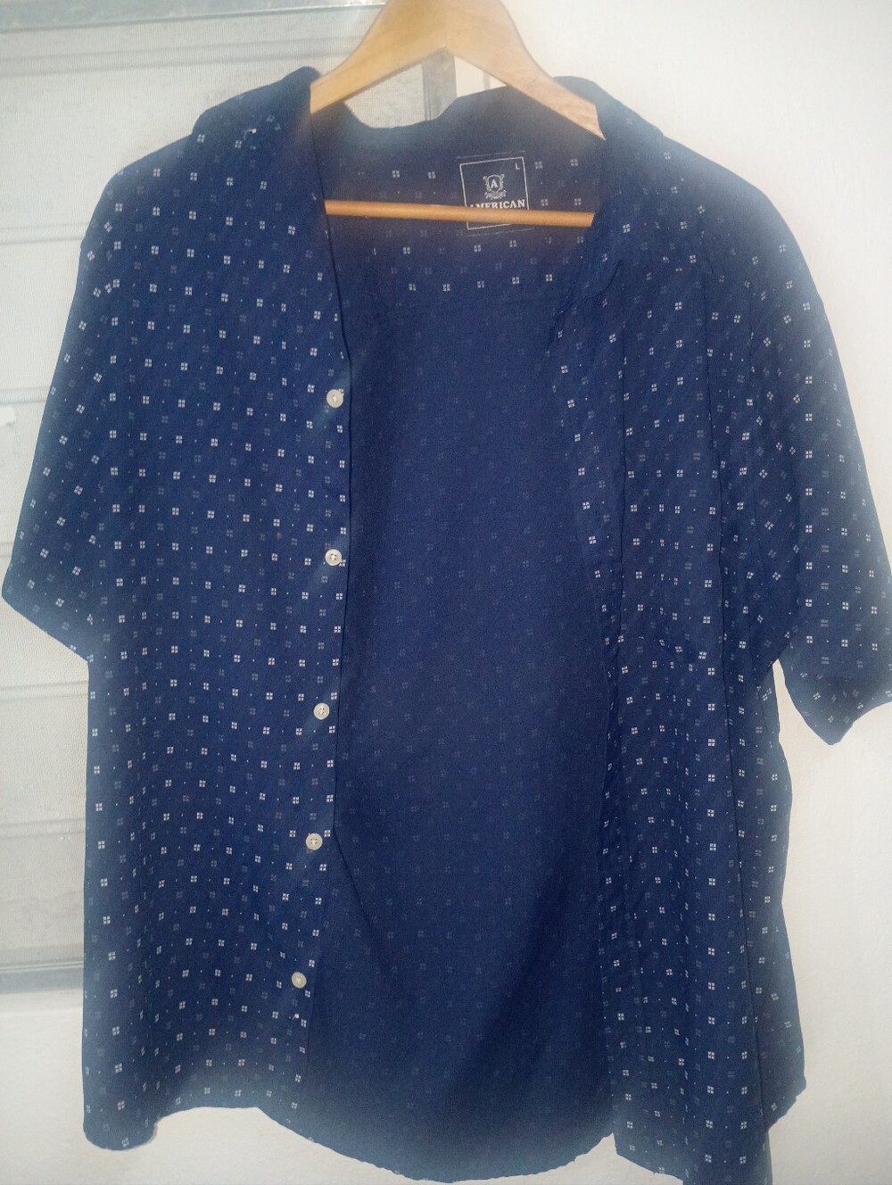 American Legend Navy Blue Geometric Square Print Short Sleeve Button Down Shirt